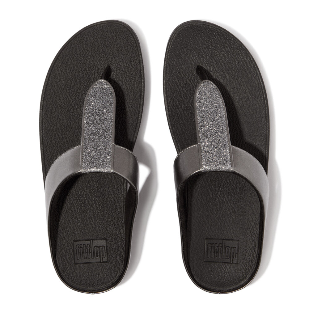 FitFlop IK5 054 Pewter women's sandals with pearlized faux-leather, fine glitter detailing, and Microwobbleboard™ cushioning – available in Canada.