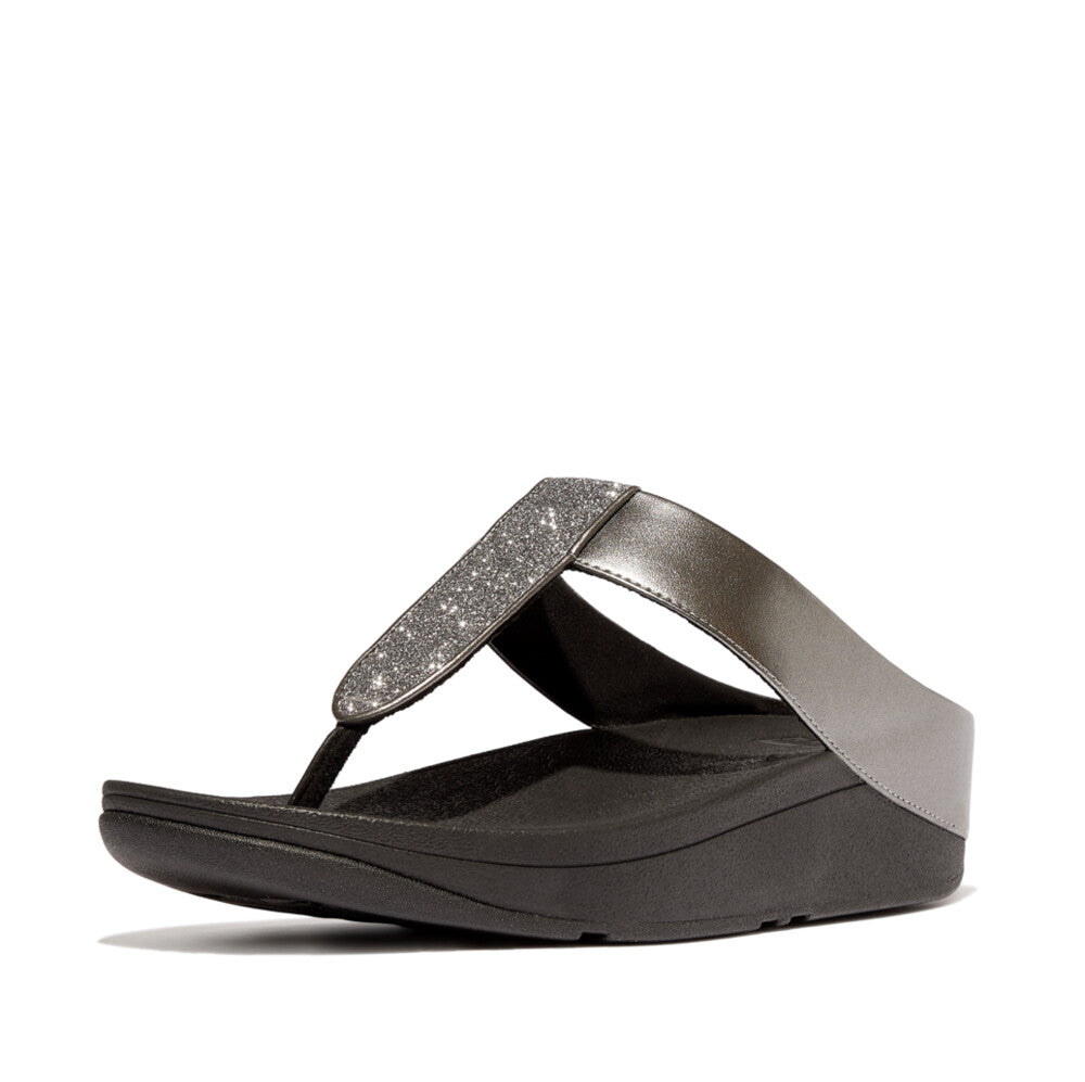 Shop FitFlop IK5 054 Pewter sandals in Canada – elegant glitter-accented faux-leather, ergonomic support, and APMA-approved comfort.