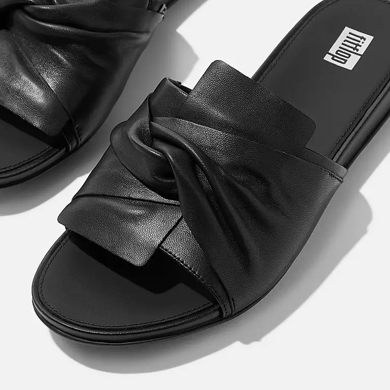 FITFLOP All Black slip on sandals featuring cushioned soles and soft leather in Canada