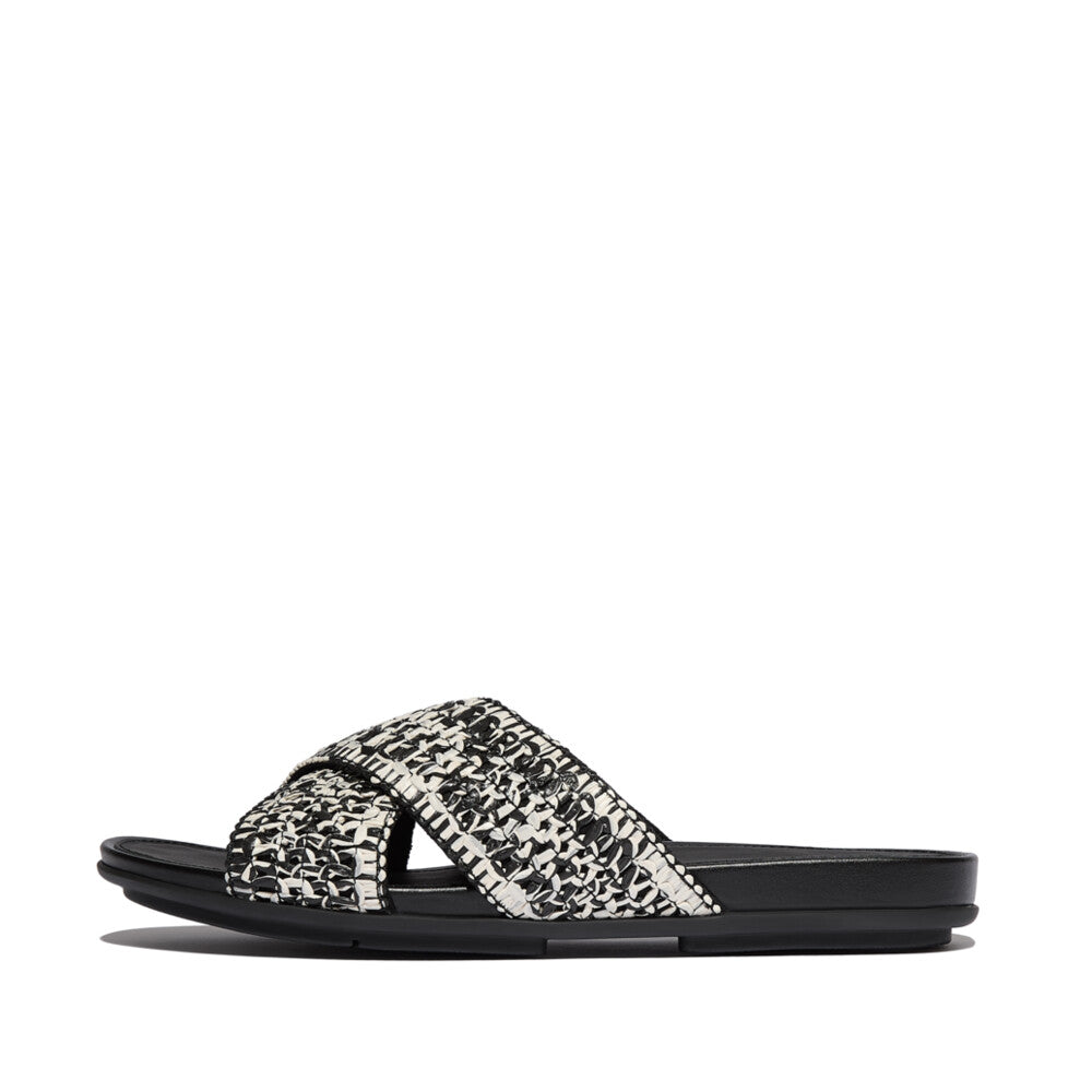 Side View FITFLOP Black Ivory Mix raffia crossover slide sandals with Dynamicush cushioning in Canada