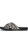 Side View FITFLOP Black Ivory Mix raffia crossover slide sandals with Dynamicush cushioning in Canada