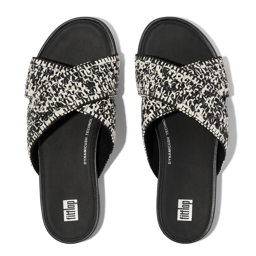 Top View FITFLOP boho inspired slides in Black Ivory Mix with contoured footbed and support in Canada