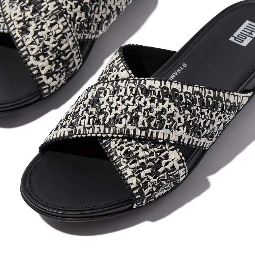 FITFLOP ergonomic slip on sandals in Black Ivory Mix with stylish raffia texture in Canada