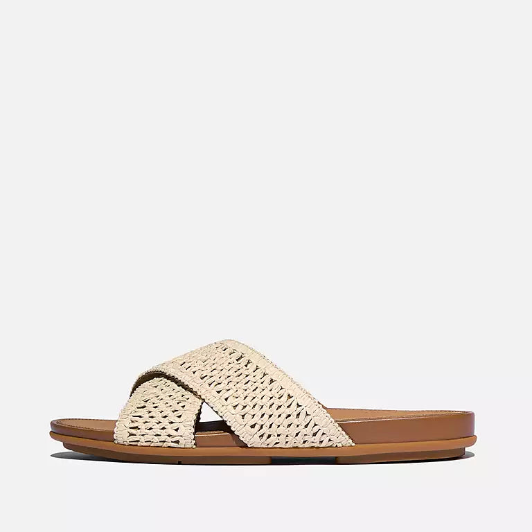FITFLOP Deep Tan Ivory raffia crossover slide sandals with Dynamicush cushioning in Canada