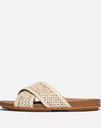 FITFLOP Deep Tan Ivory raffia crossover slide sandals with Dynamicush cushioning in Canada