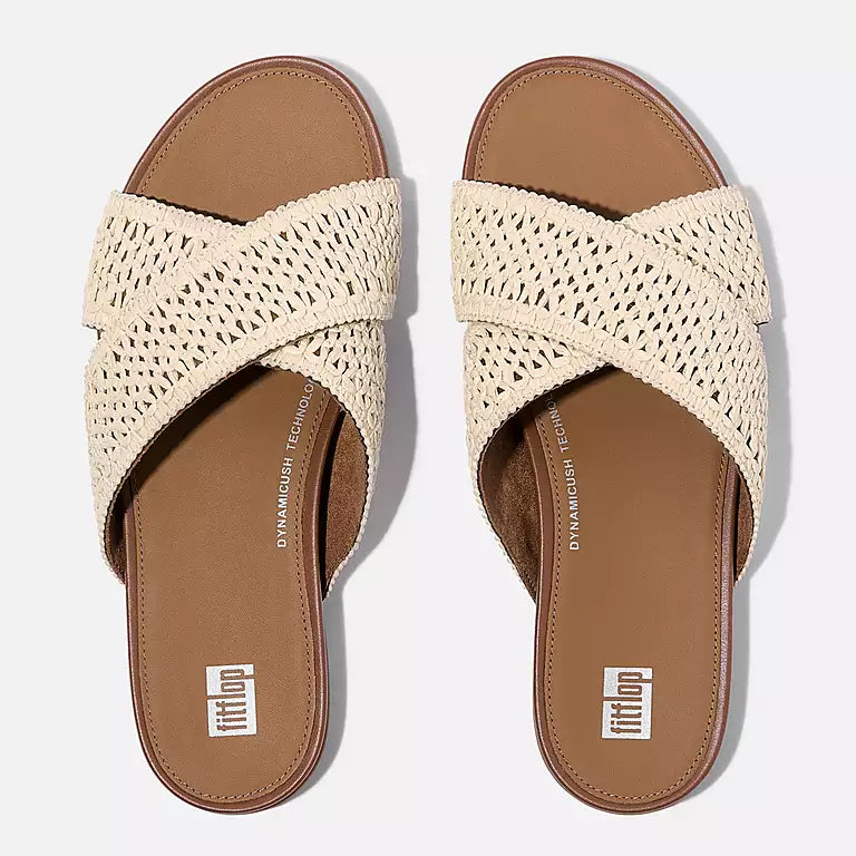 FITFLOP boho style summer slides in faux raffia with contoured footbed comfort in Canada