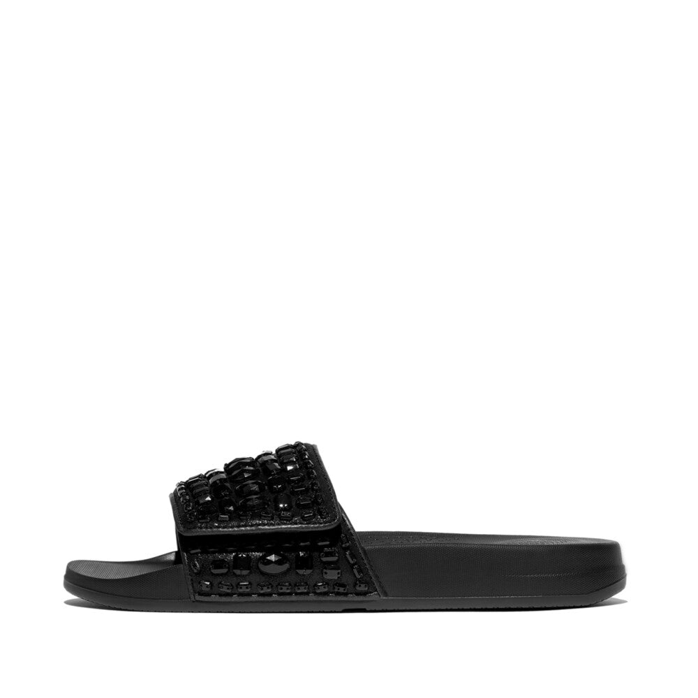 Side view of All Black FITFLOP iQushion crystal slider sandals in Canada with shimmer microfibre and jeweled straps
