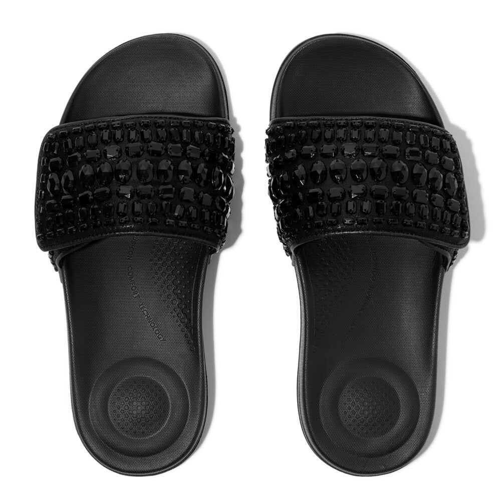 FITFLOP All Black bejewelled slide sandals with adjustable straps in Canada exclusive summer comfort.