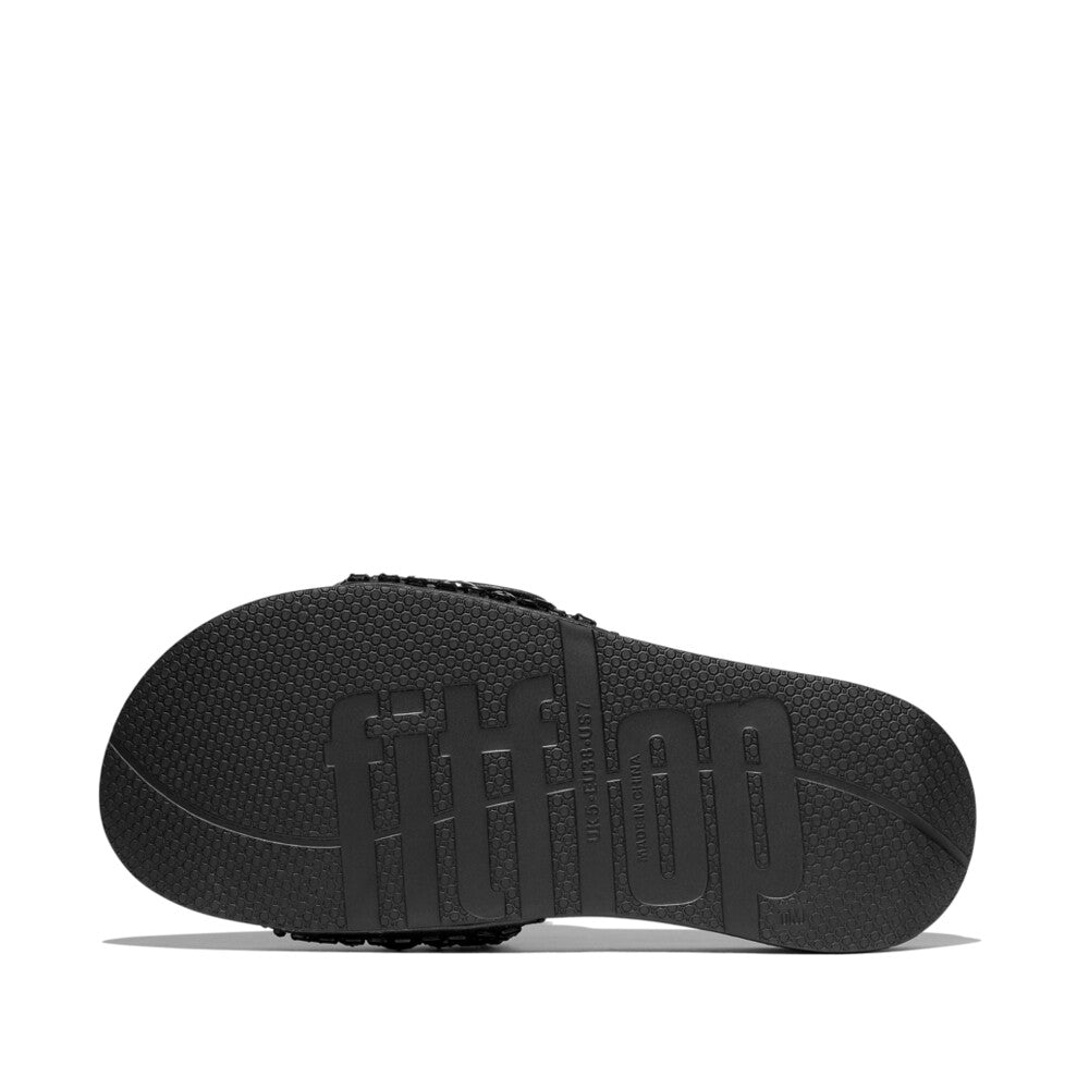All Black FITFLOP sandals available in Canada stylish crystal slides with lightweight cushioning