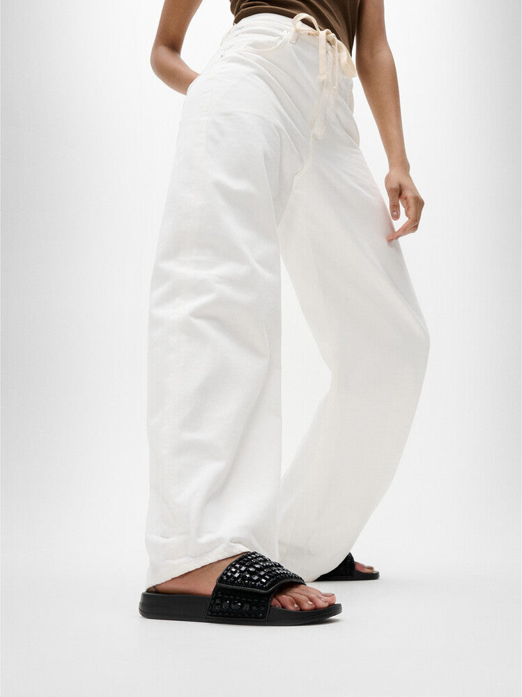 FITFLOP iQushion All Black sliders recycled microfibre sandals with faux leather trim and crystals in Canada