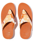 Top view of FITFLOP sandals in Canada in Peachy Mix featuring printed leather and APMA-certified arch support