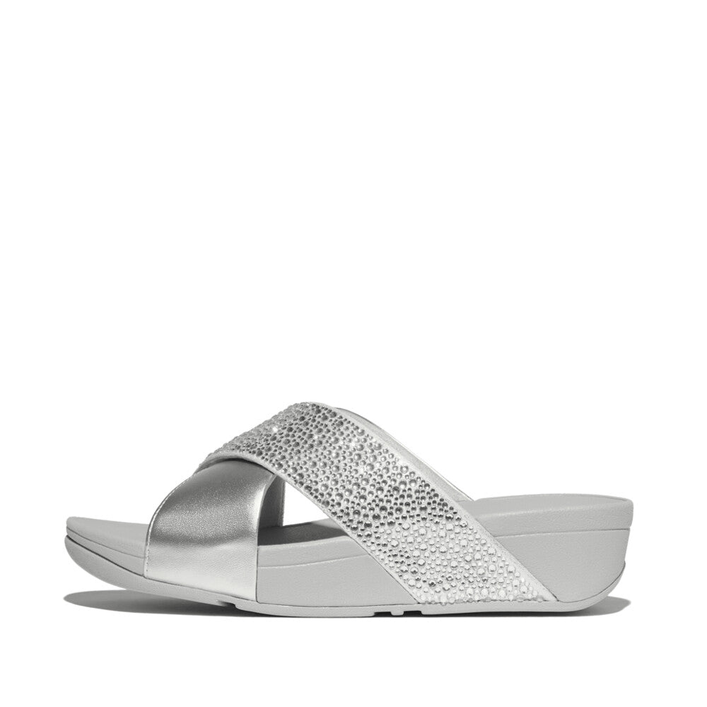 Side view of Silver FITFLOP Lulu Cross Slides in Canada with crystal embellishments and Microwobbleboard™ comfort