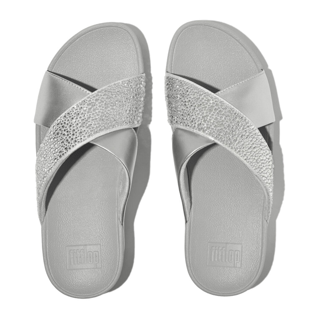 Top view of Silver FITFLOP crystal slides in Canada with soft faux-leather and contoured arch support