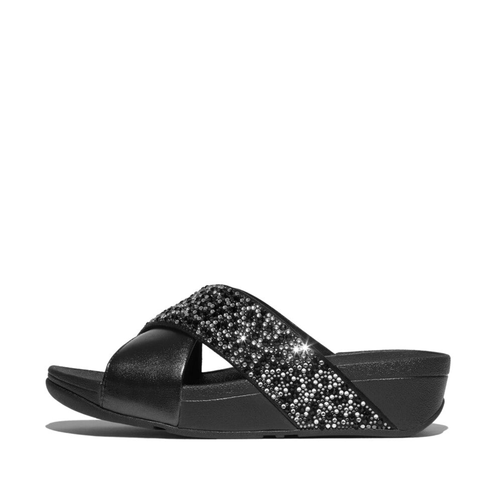 Side view FITFLOP cross slides in Canada in All Black with crystal embellishments and all-day comfort support
