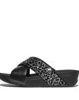 Side view FITFLOP cross slides in Canada in All Black with crystal embellishments and all-day comfort support