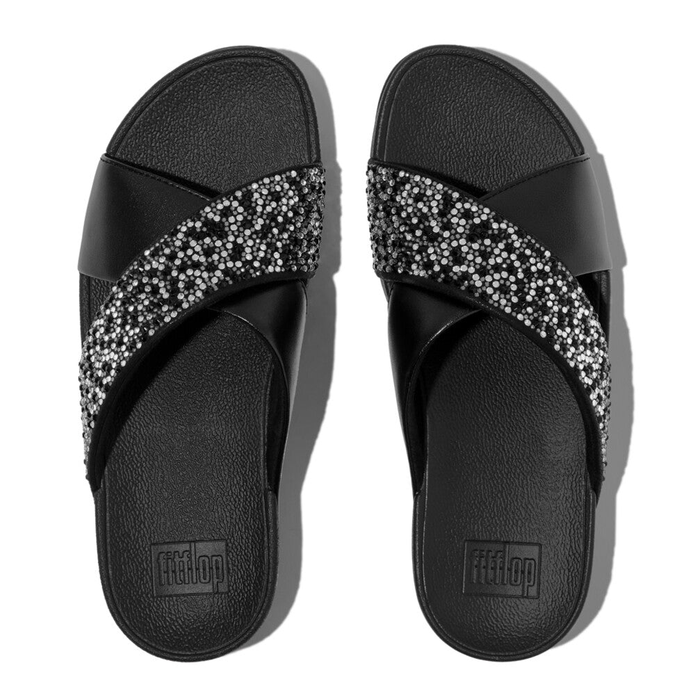 Top view of FITFLOP All Black sandals in Canada featuring multi-size black crystals and contoured footbed