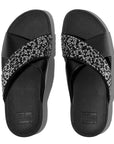 Top view of FITFLOP All Black sandals in Canada featuring multi-size black crystals and contoured footbed