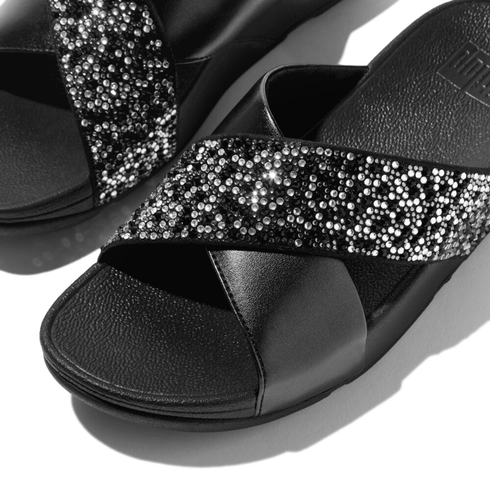 Stylish FITFLOP Lulu All Black slides in Canada with faux-leather strap and glittering crystal details