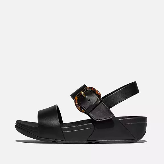 Side view of FITFLOP All Black back-strap sandals in Canada with smooth leather and APMA-approved comfort