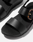 All Black FITFLOP two-bar leather sandals in Canada with back strap and Microwobbleboard cushioning