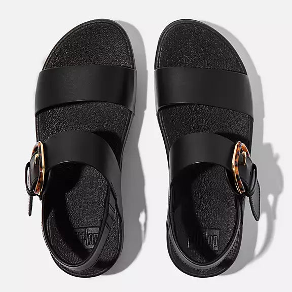 Top view of FITFLOP All Black two-strap sandals in Canada with supportive Microwobbleboard footbed
