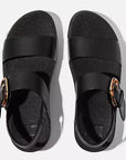 Top view of FITFLOP All Black two-strap sandals in Canada with supportive Microwobbleboard footbed