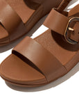 FITFLOP Deep Tan sandals in Canada featuring tortoiseshell-effect buckle and ergonomic cushioned footbed