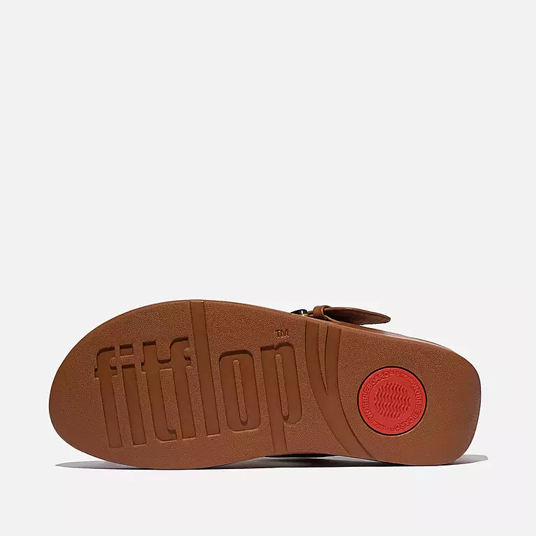 Sole view FITFLOP Lulu sandals in Deep Tan in Canada with smooth leather upper and dark tortoiseshell buckle detail