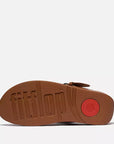 Sole view FITFLOP Lulu sandals in Deep Tan in Canada with smooth leather upper and dark tortoiseshell buckle detail