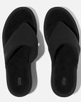 Top view of FITFLOP All Black PlatFForm sandals in Canada with contoured footbed and slip-on toe-post strap