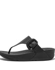 FITFLOP Lulu Covered-Buckle Raw-Edge Leather Toe-Thongs in Black HG9 | Shop from eightywingold an official brand partner for Fitflop Canada and US