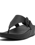 FITFLOP Lulu Covered-Buckle Raw-Edge Leather Toe-Thongs in Black HG9 | Shop from eightywingold an official brand partner for Fitflop Canada and US.