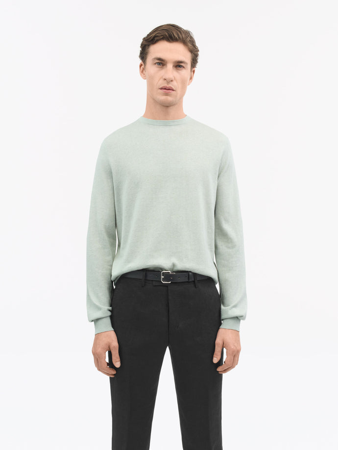 Side view of TIGER OF SWEDEN Pale Grey Blue Connor knit with French shoulders from eightywingold