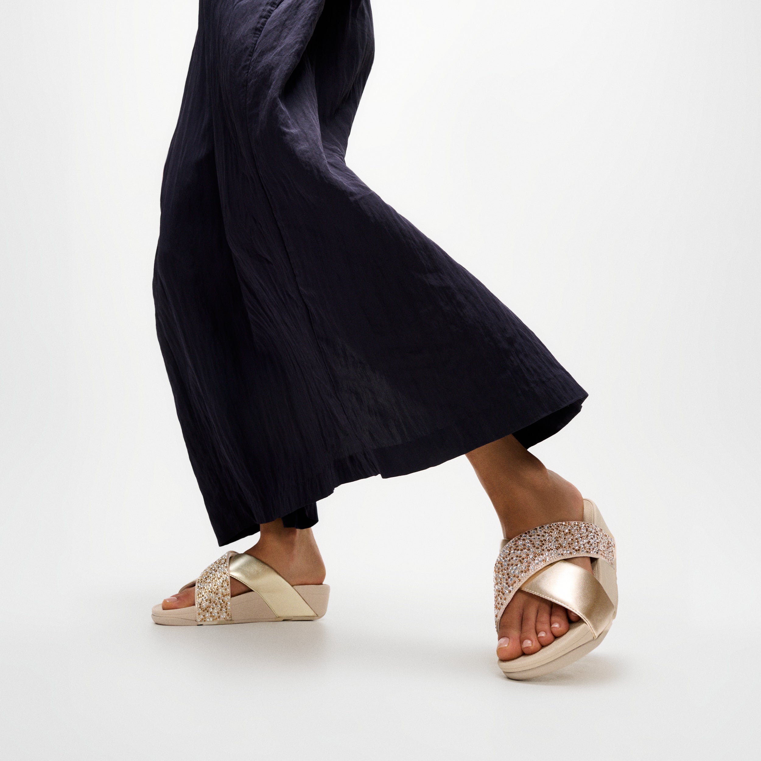 Lulu Crystal-Mix Metallic Cross Slides in Platino