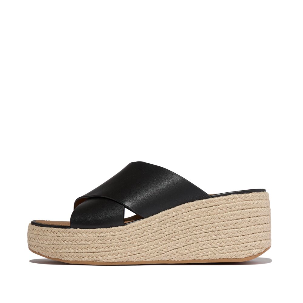 PLATFFORMS-ESPADRILLE-LEATHER-WEDGE-CROSS-SLIDES-BLACK