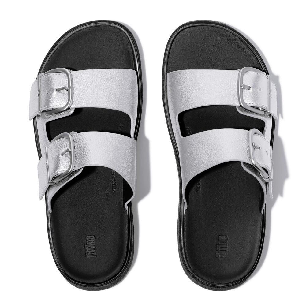 Gen-FF Buckle Metallic Tumbled-Leather Two-Bar Slides