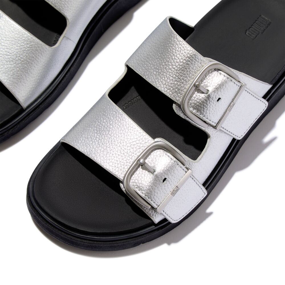 Gen-FF Buckle Metallic Tumbled-Leather Two-Bar Slides