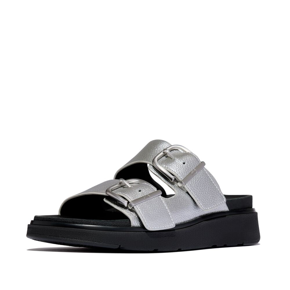 Gen-FF Buckle Metallic Tumbled-Leather Two-Bar Slides