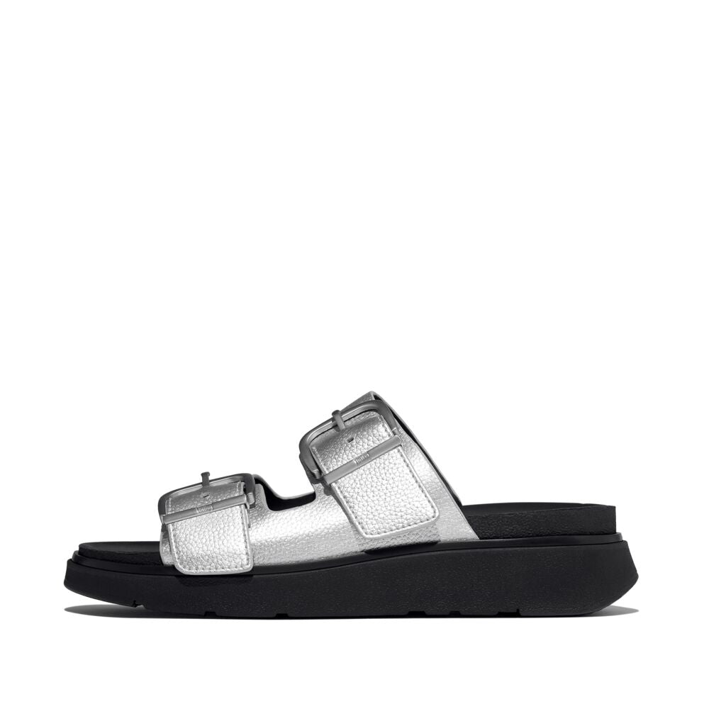 Gen-FF Buckle Metallic Tumbled-Leather Two-Bar Slides
