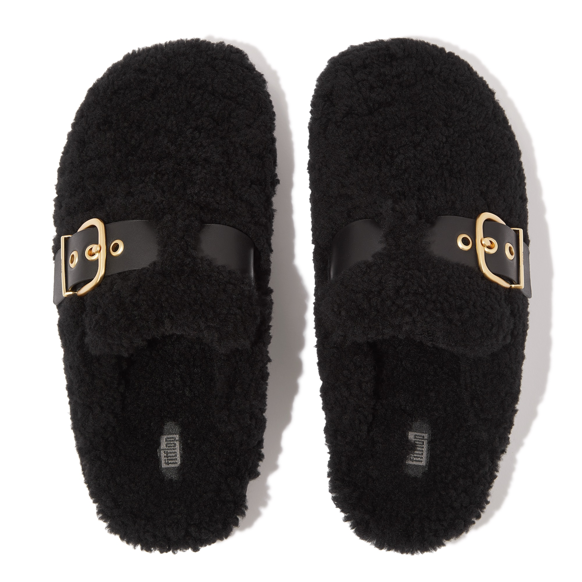 FITFLOP Gen-FF Buckle Curly Shearling Leather Mules in Black IB6 | Shop from eightywingold an official brand partner for Fitflop Canada and US.