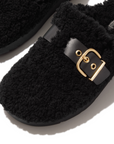 FITFLOP Gen-FF Buckle Curly Shearling Leather Mules in Black IB6 | Shop from eightywingold an official brand partner for Fitflop Canada and US.