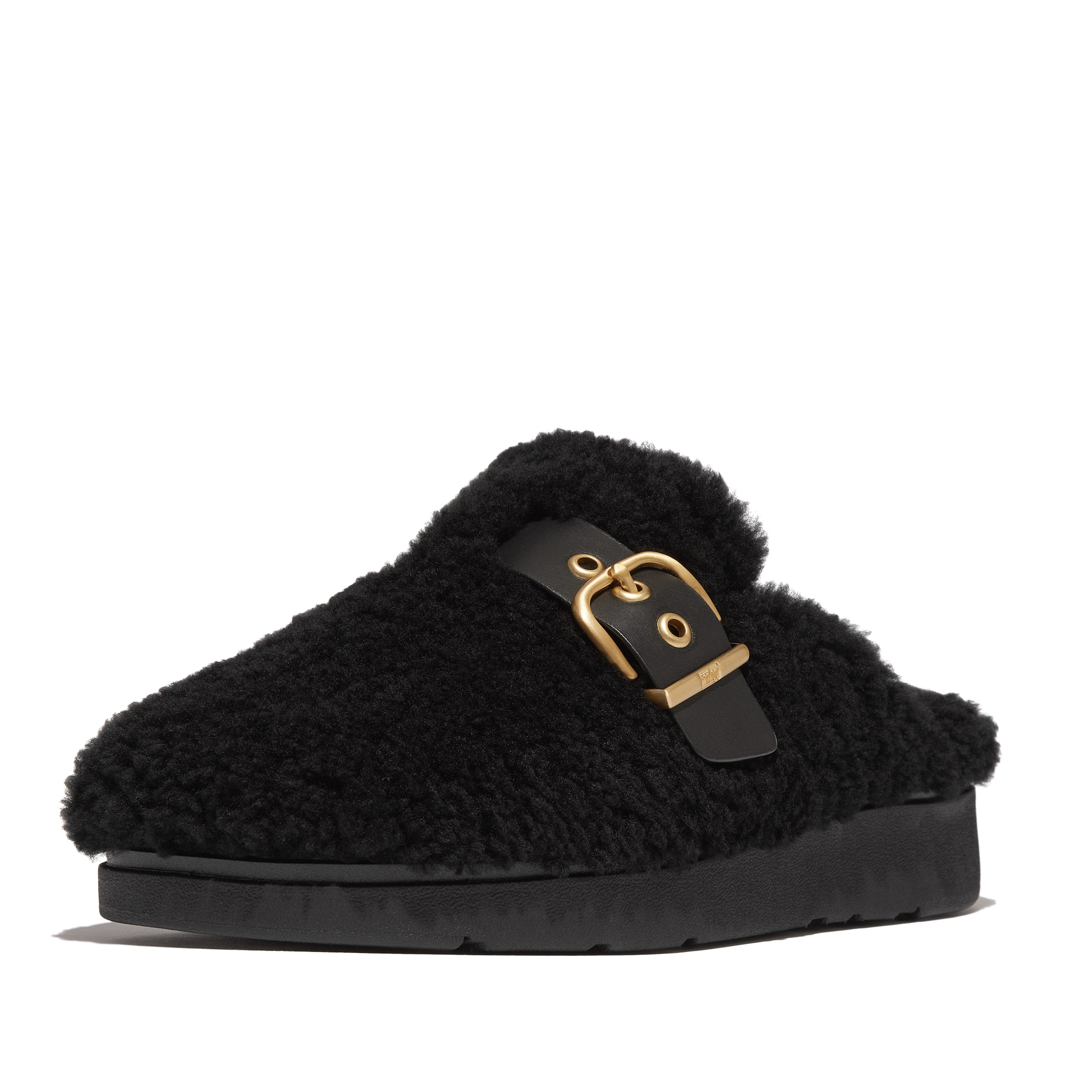 FITFLOP Gen-FF Buckle Curly Shearling Leather Mules in Black IB6 | Shop from eightywingold an official brand partner for Fitflop Canada and US.