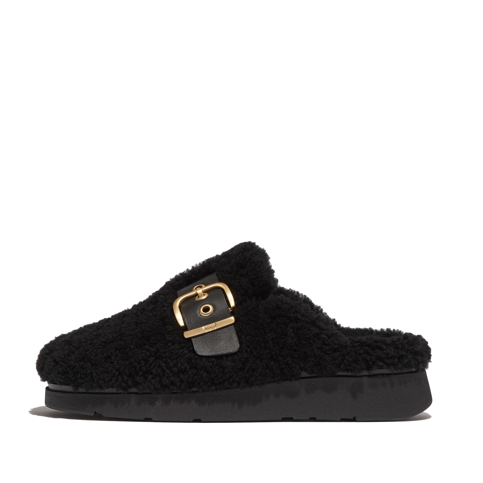 FITFLOP Gen-FF Buckle Curly Shearling Leather Mules in Black IB6 | Shop from eightywingold an official brand partner for Fitflop Canada and US.