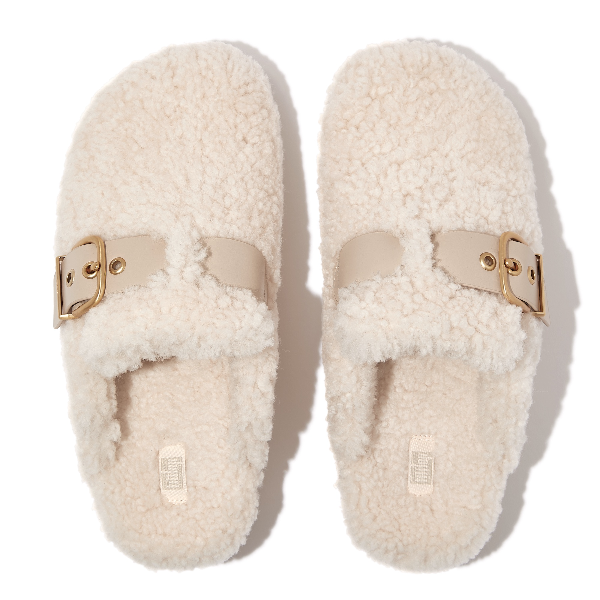 FITFLOP Gen-FF Buckle Curly Shearling Leather Mules in Beige IB6 | Shop from eightywingold an official brand partner for Fitflop Canada and US.