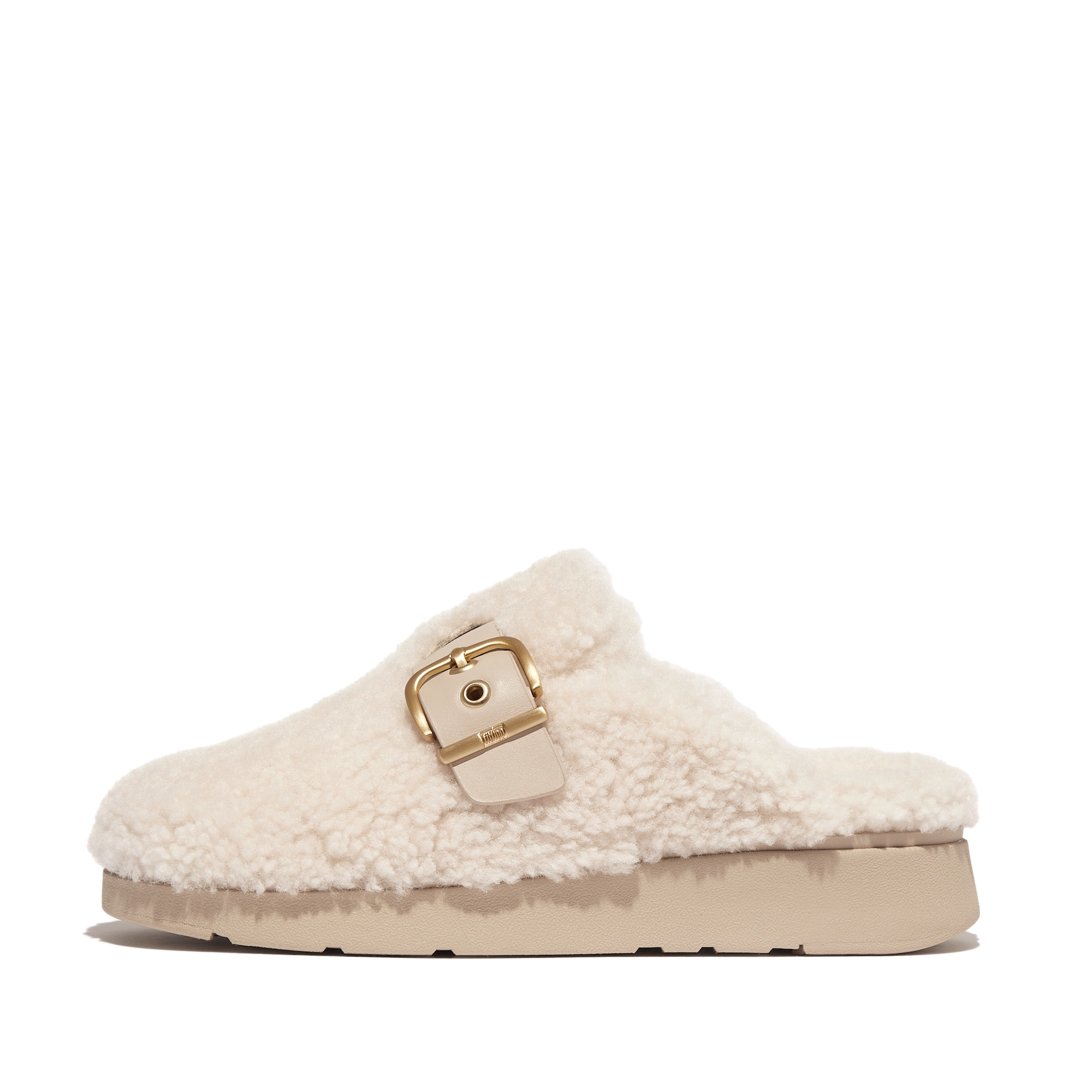 FITFLOP Gen-FF Buckle Curly Shearling Leather Mules in Beige IB6 | Shop from eightywingold an official brand partner for Fitflop Canada and US.