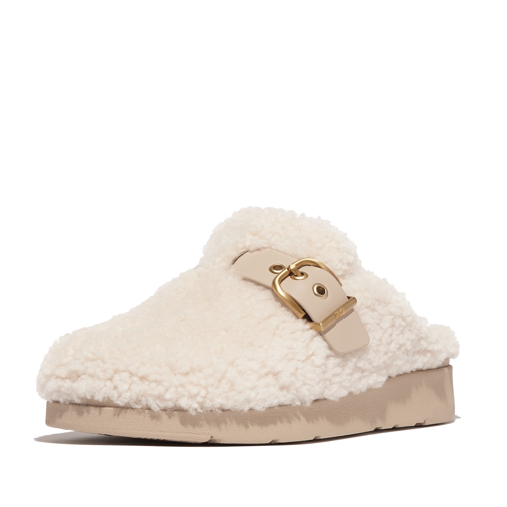 FITFLOP Gen-FF Buckle Curly Shearling Leather Mules in Beige IB6 | Shop from eightywingold an official brand partner for Fitflop Canada and US.