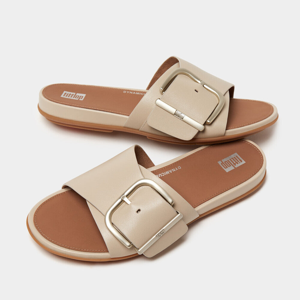 FITFLOP Gracie Maxi-Buckle Leather Slides in Beige HM6 | Shop from eightywingold an official brand partner for Fitflop Canada and US.