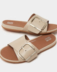FITFLOP Gracie Maxi-Buckle Leather Slides in Beige HM6 | Shop from eightywingold an official brand partner for Fitflop Canada and US.