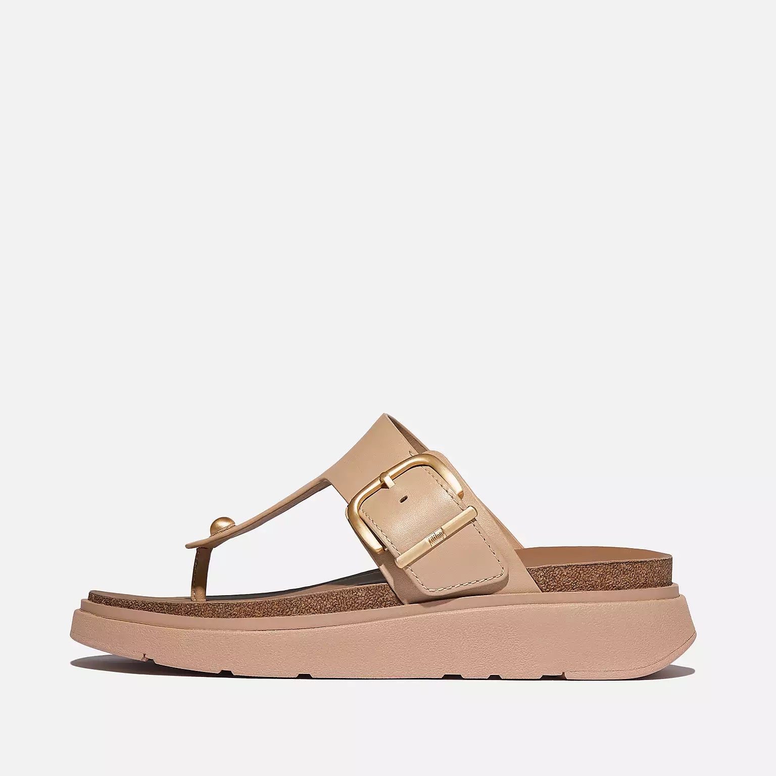 Women's ergonomic T-bar sandals HE7 with soft leather straps, chunky cork-edge sole, brushed-metal buckle, and Microwobbleboard™ cushioning for all-day comfort.