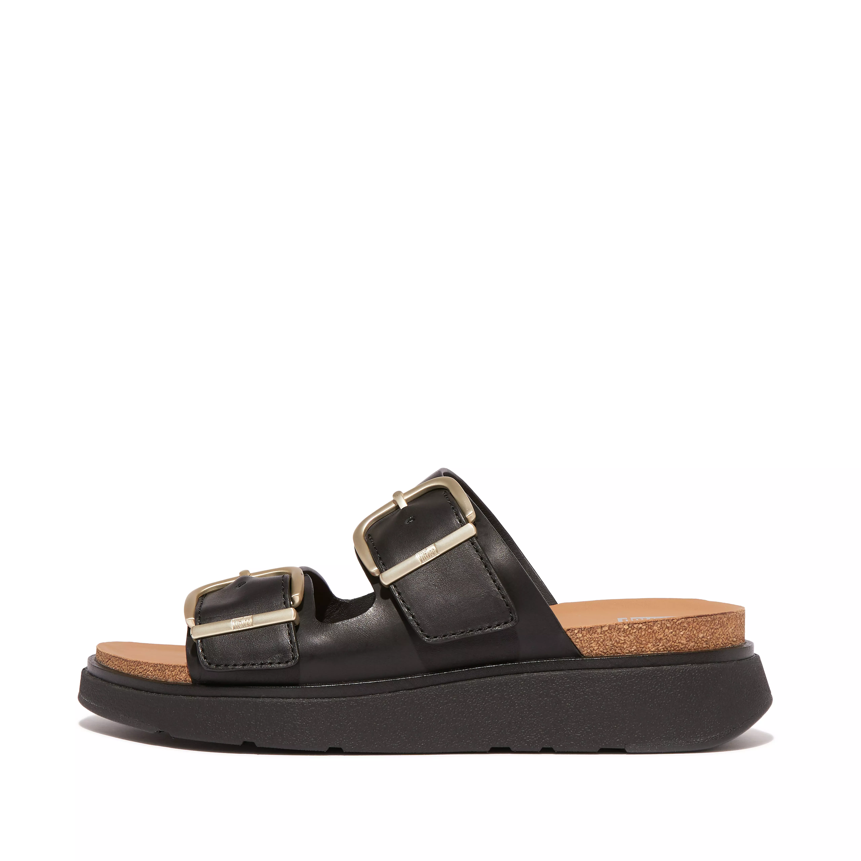 FITFLOP Gen-FF Buckle Two-Bar Leather Slides in Black HE8  | Shop from eightywingold an official brand partner for Fitflop Canada and US.